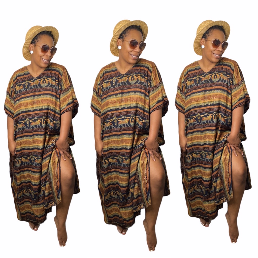 Nubian Queen Dress African Batik Kaftan Elephant Striped Free Size